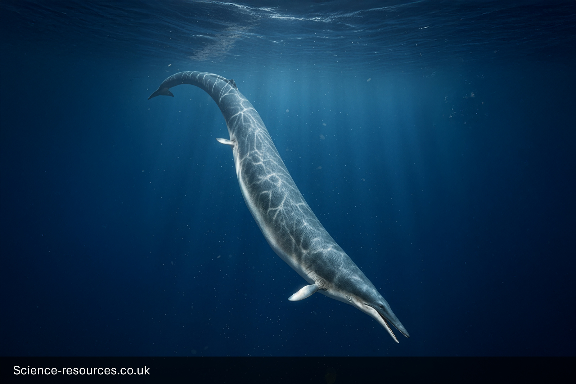 Basilosaurus-Primitive-Whale-Reconstruction A dark, photorealistic computer-generated image of the extinct primitive whale, Basilosaurus, swimming beneath the surface of a deep blue ocean. The long, serpent-like marine mammal has a slender body and a small head. The water is dark, with subtle rays of light filtering down from the rippling surface above.