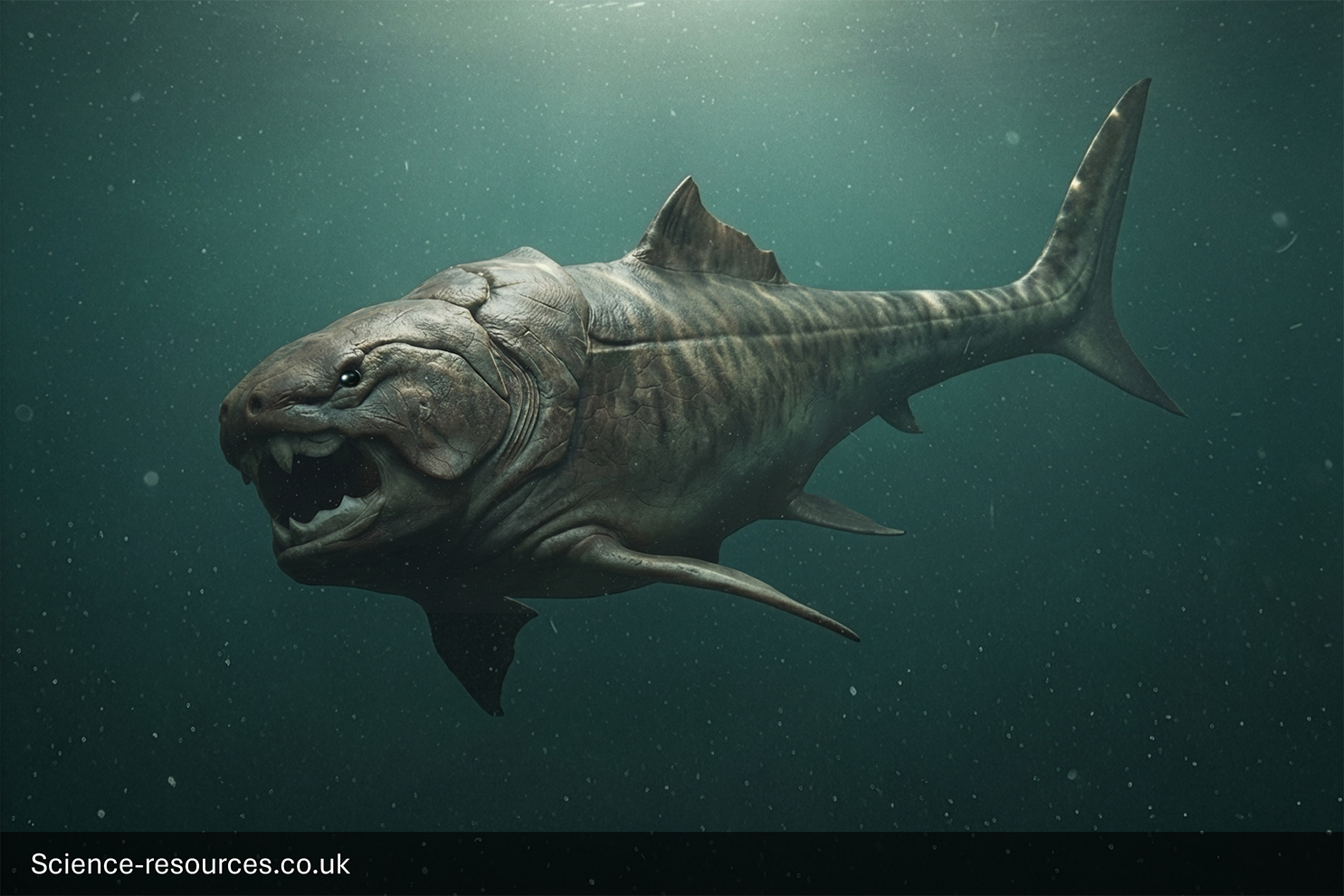 Ichthyosaurus-Dolphin-Like-Marine-Reptile A photorealistic computer-generated image of a prehistoric marine reptile, an Ichthyosaurus, swimming just below the surface of the ocean. The creature has a sleek, dolphin-like body with a prominent dorsal fin, large tail fluke, and a long, narrow snout with many sharp teeth. Its skin is patterned with dark grey stripes over a lighter grey base. Bright rays of sunlight penetrate the water from the surface above.