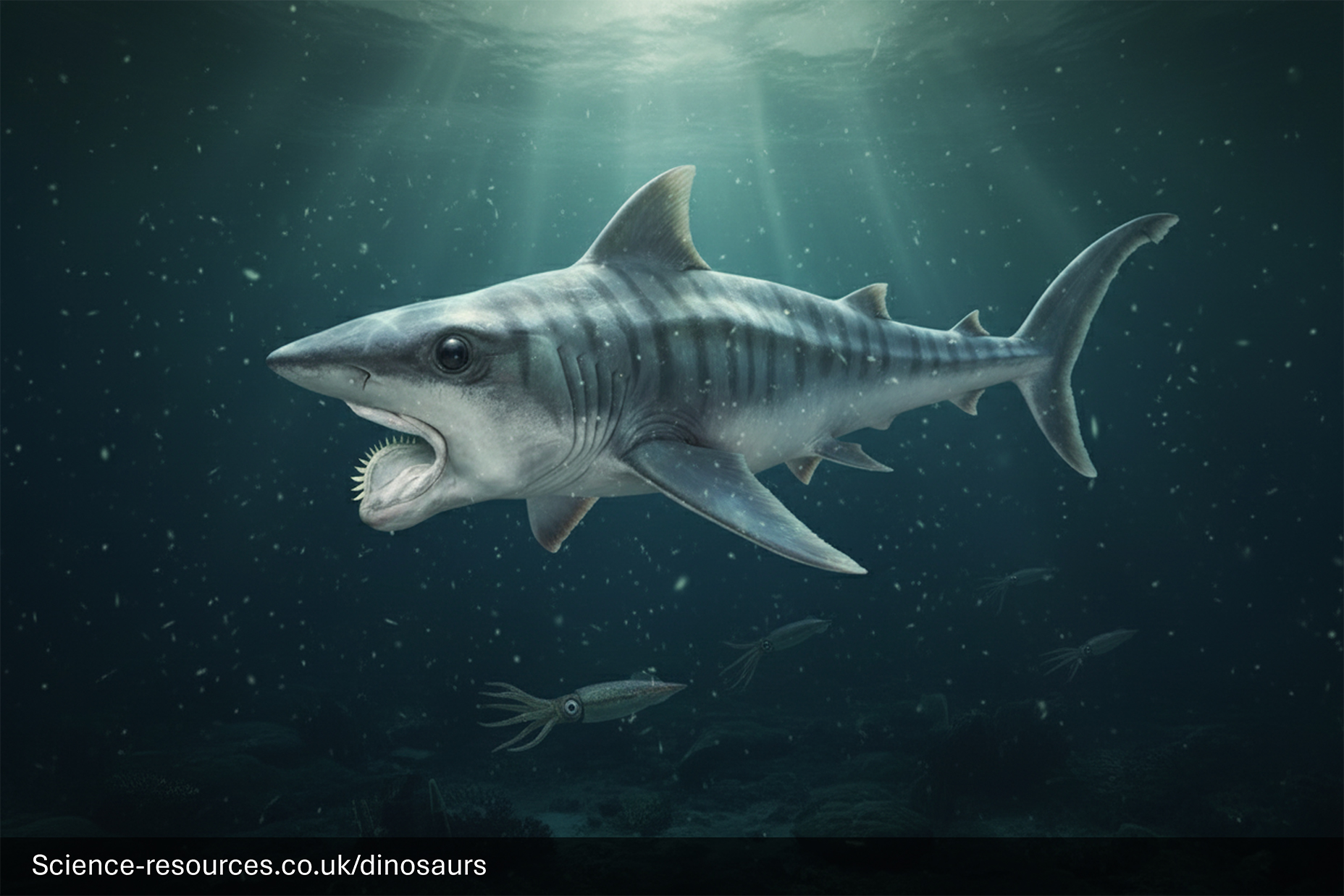 Helicoprion-Whorl-Toothed-Shark-Extinct-Fish A menacing, photorealistic computer-generated image of the prehistoric shark-like fish, Helicoprion, swimming in deep blue water. The animal is dark gray and is shown with its mouth slightly open, revealing its distinctive lower jaw which consists of a spiraling, whorl-like structure of teeth. Two small squid-like creatures swim below it in the foreground.