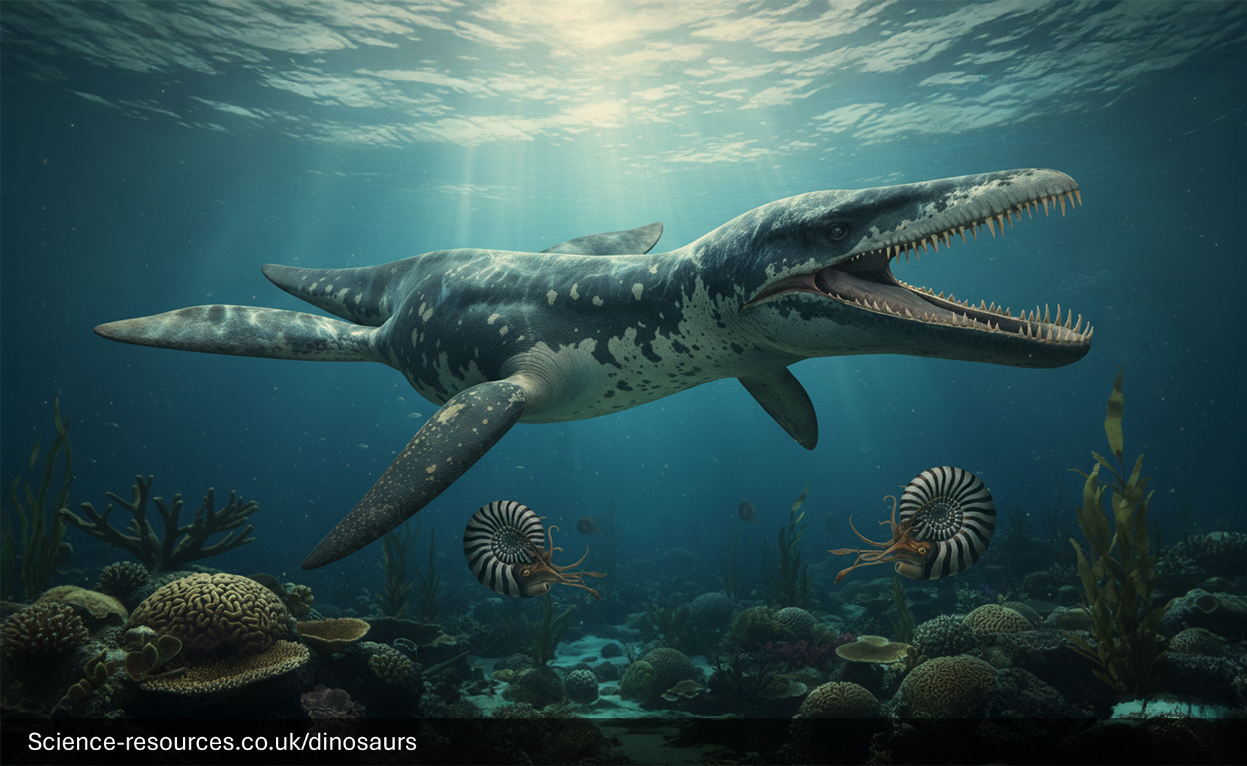 Liopleurodon A menacing, photorealistic computer-generated image of a striped marine reptile, Liopleurodon, swimming just below the sunlit ocean surface. The Liopleurodon has a large, blunt head with a powerful jaw wide open, revealing numerous sharp teeth. Its body is dark grey with prominent white and black blotches running along its length. It has four large, paddle-like fins and is swimming over a dark seabed surrounded by Ammonites.