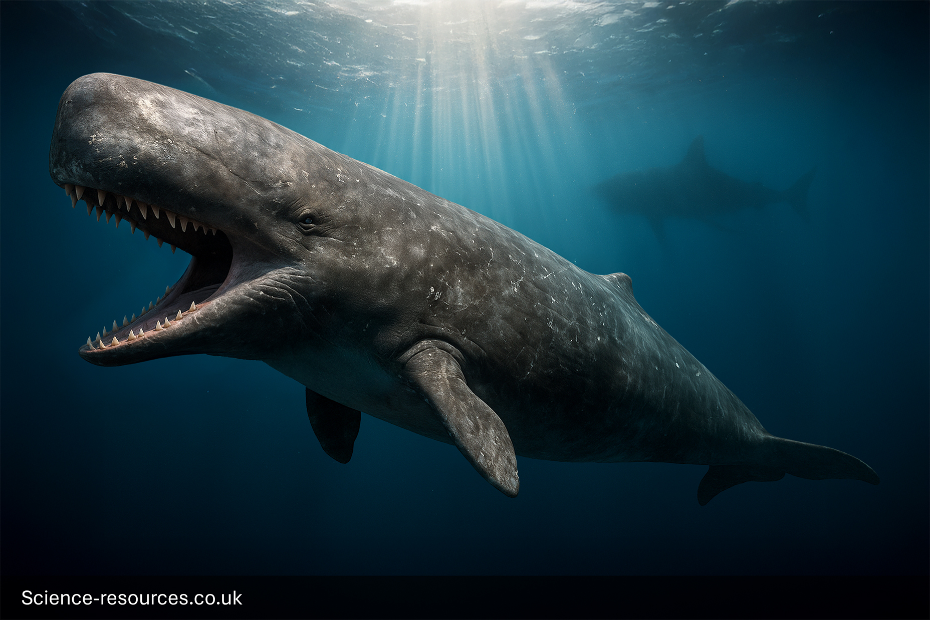 Livyatan-Melvillei-Giant-Prehistoric-Whale A menacing, dark-coloured, photorealistic computer-generated image of a giant prehistoric toothed whale, Livyatan melvillei, swimming in deep blue water. The whale has a massive blunt head, large pectoral fins, and a gaping mouth showing huge, sharp teeth. Rays of sunlight penetrate the surface from above, and the dark silhouette of a Megalodon, is visible in the background.