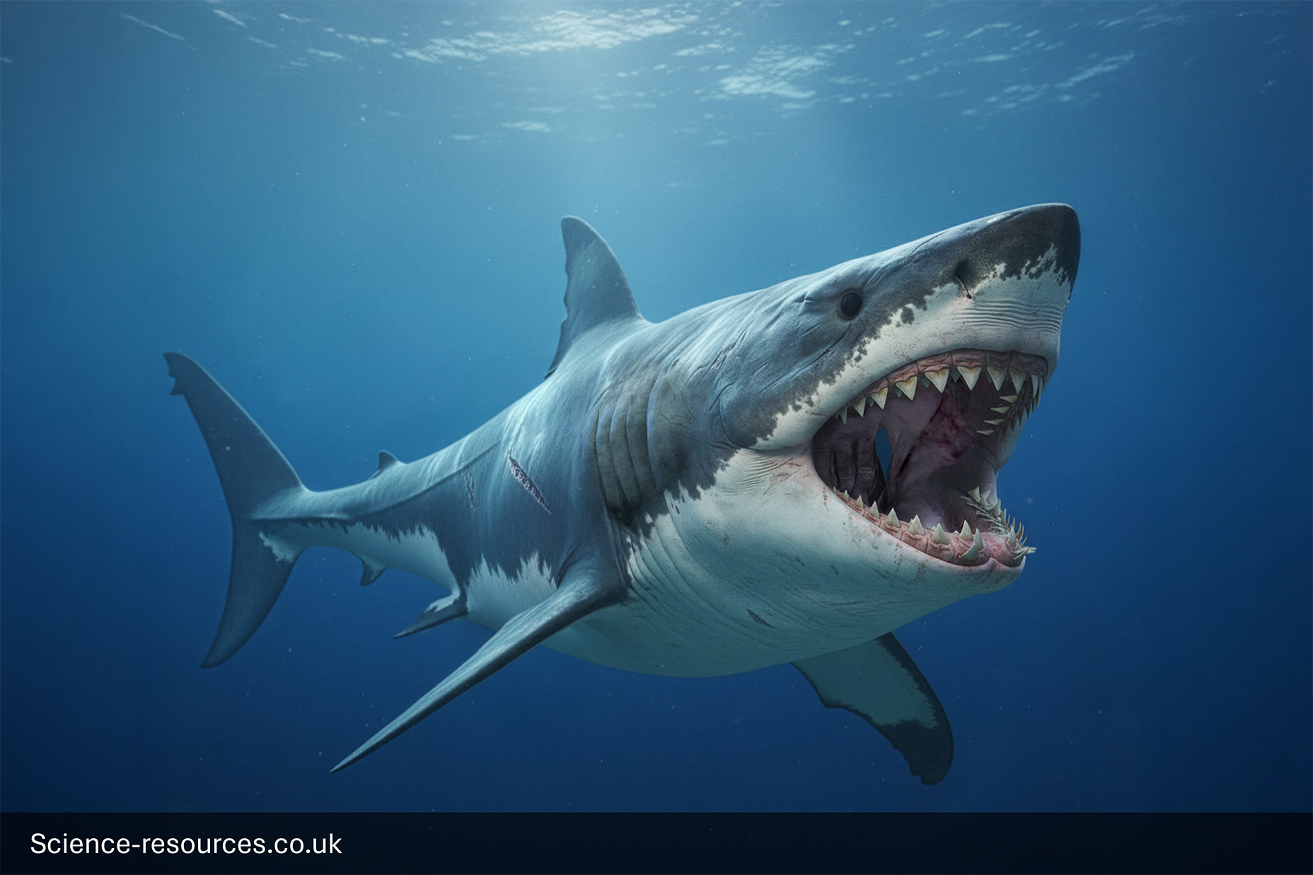 Megalodon-Prehistoric-Shark-Great-White-Hunter A menacing, photorealistic computer-generated image of a massive Megalodon swimming in the open ocean. The shark is viewed from below and slightly to the side, with its mouth wide open, revealing huge, serrated teeth. It has a powerful, robust body with various scars and is swimming near a dark coral reef. Dappled sunlight filters down from the surface above.