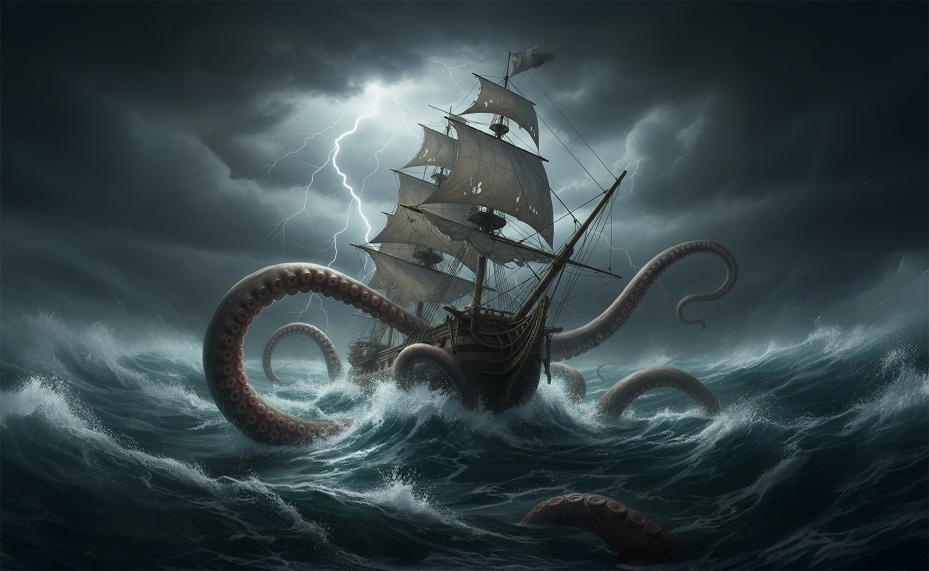 Kraken A dramatic digital illustration of a large sailing ship caught in a violent storm at sea. Lightning bolts illuminate the dark, cloudy sky as towering waves crash around the vessel. A giant sea creature, resembling a kraken or octopus, emerges from the water, its massive tentacles wrapping around the ship in a fierce attack. The scene is chaotic and intense, blending elements of nature and mythology.