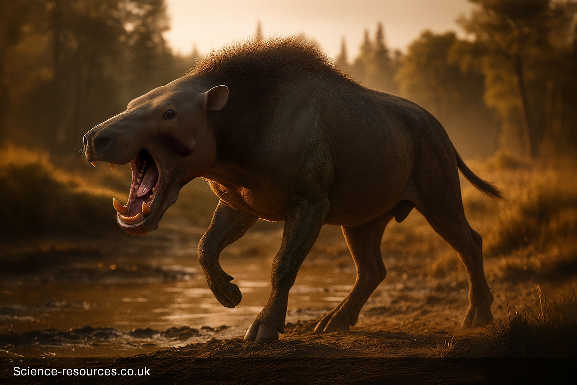 Daeodon-Entelodont-Hell-Pig-Forest-Tusked-Mammal A menacing, photorealistic computer-generated image of a Daeodon (or Entelodont), a massive prehistoric hog-like mammal, standing in a dark, mossy forest clearing. The creature is dark brown with a massive head, tusks, and its mouth wide open in an aggressive display, revealing large teeth. It stands on a damp forest floor covered in ferns, with dense, tall trees surrounding it under dappled light.