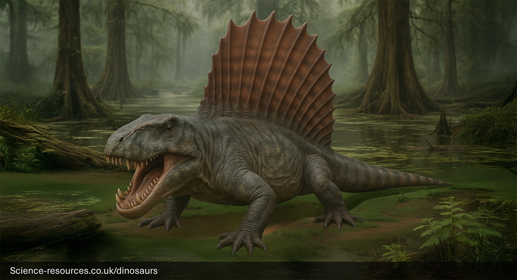Dimetrodon-Synapsid-Sail-Back-Swamp A menacing, photorealistic computer-generated image of the prehistoric synapsid, Dimetrodon, standing in a swampy, forested environment. The creature is dark gray-green with its mouth wide open, revealing sharp teeth, and its most prominent feature is the large, reddish-brown neural sail running along its back. It is standing on mossy ground with murky water and large, exposed tree roots in the background.