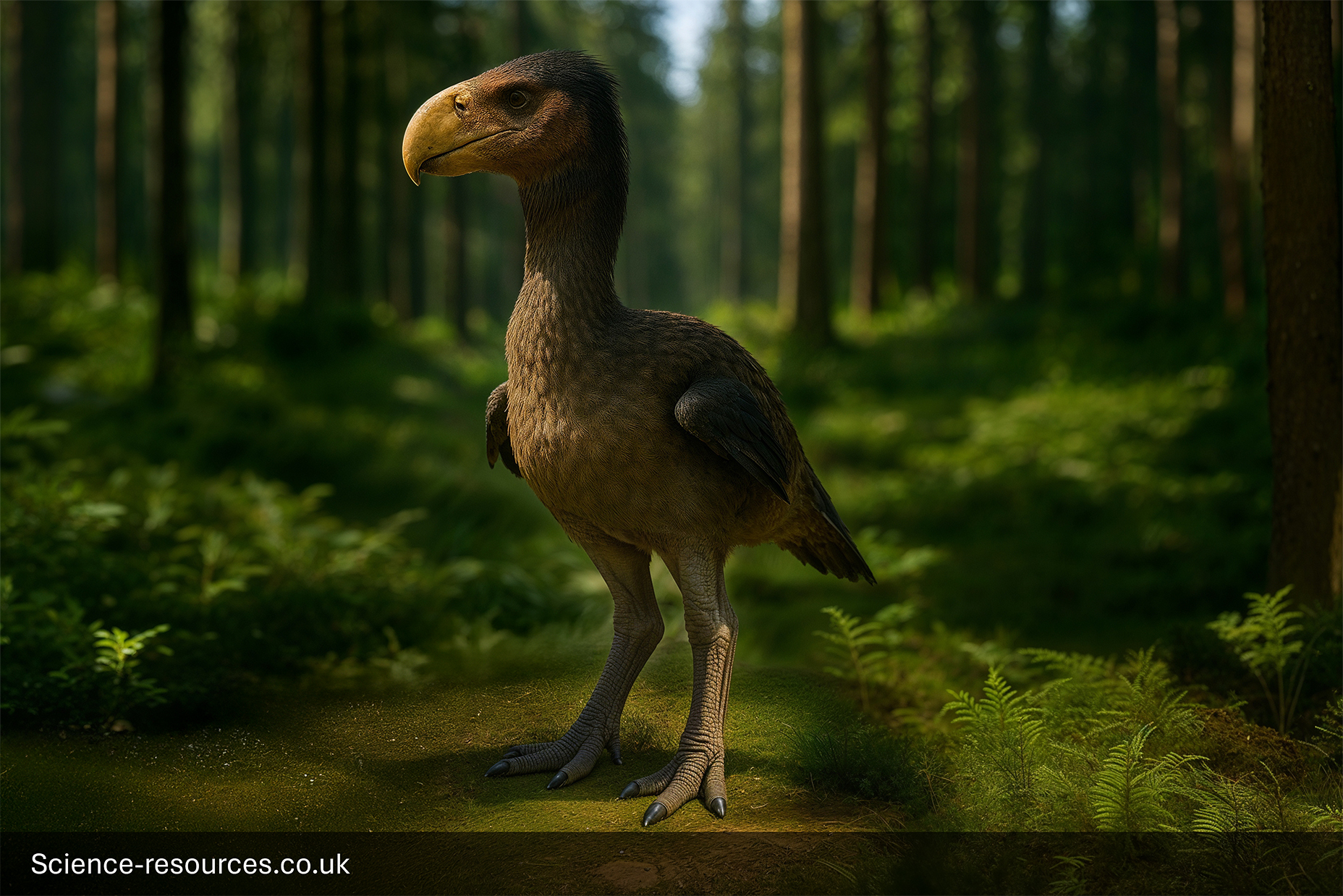 Gastornis-Diatryma-Terror-Bird-Forest A photorealistic computer-generated image of a Gastornis (formerly known as Diatryma), a large, extinct, flightless bird, standing in a lush, prehistoric forest. The bird is dark gray, with a smooth head, small wings, powerful legs, and a distinctive, massive yellow-orange, curved beak. It is standing on a dark forest floor covered in bright green ferns and moss, surrounded by tall, straight coniferous trees.