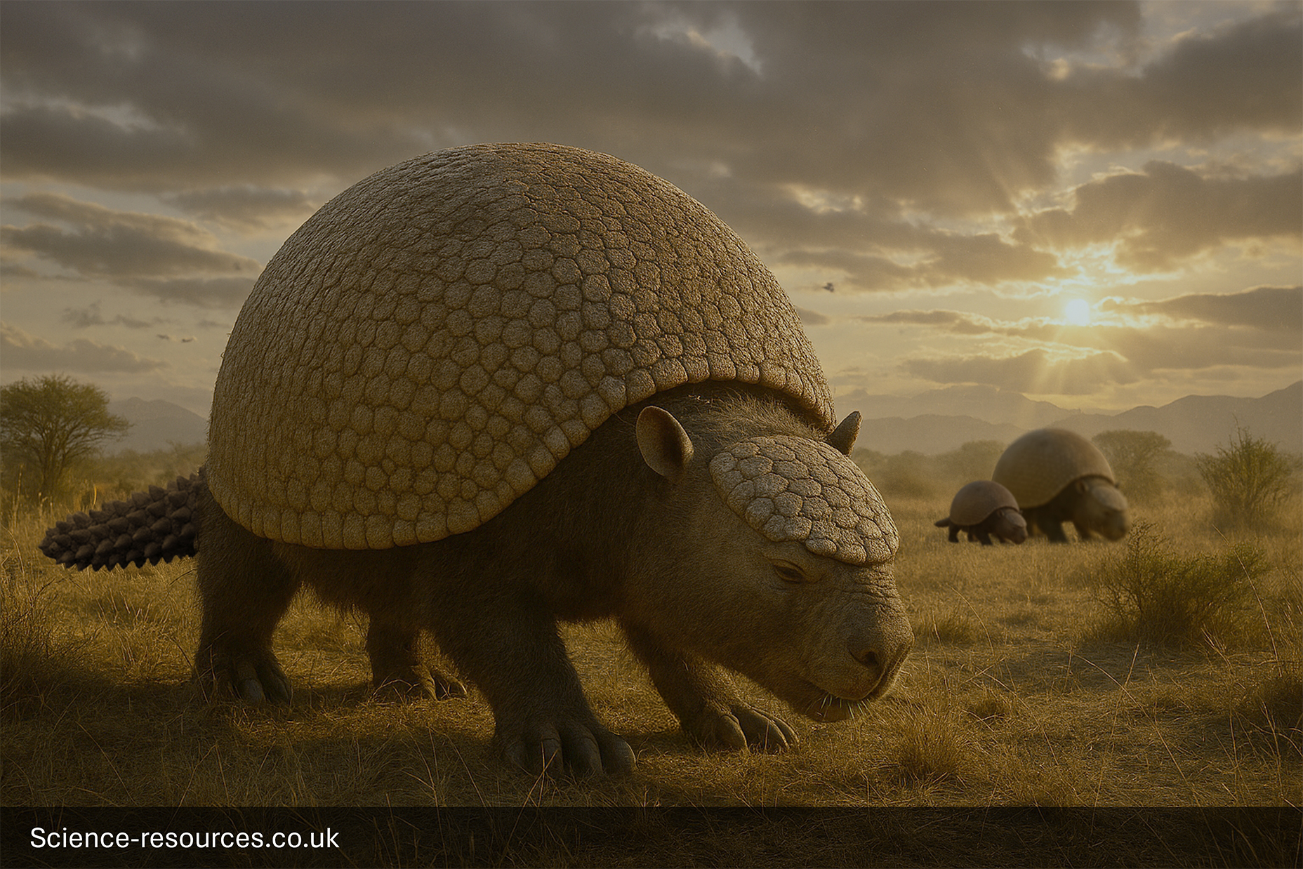 Glyptodon-Prehistoric-Armadillo-Grazing-Sunset A photorealistic computer-generated image of a Glyptodon, a massive prehistoric armadillo-like mammal, grazing in a grassy savanna at sunset. The Glyptodon in the foreground is covered in a large, domed, bony shell and has a short, armored tail. Two other Glyptodons are visible as blurs in the background. The low sun casts a warm, golden light across the tall grasses, and the sky is filled with clouds.
