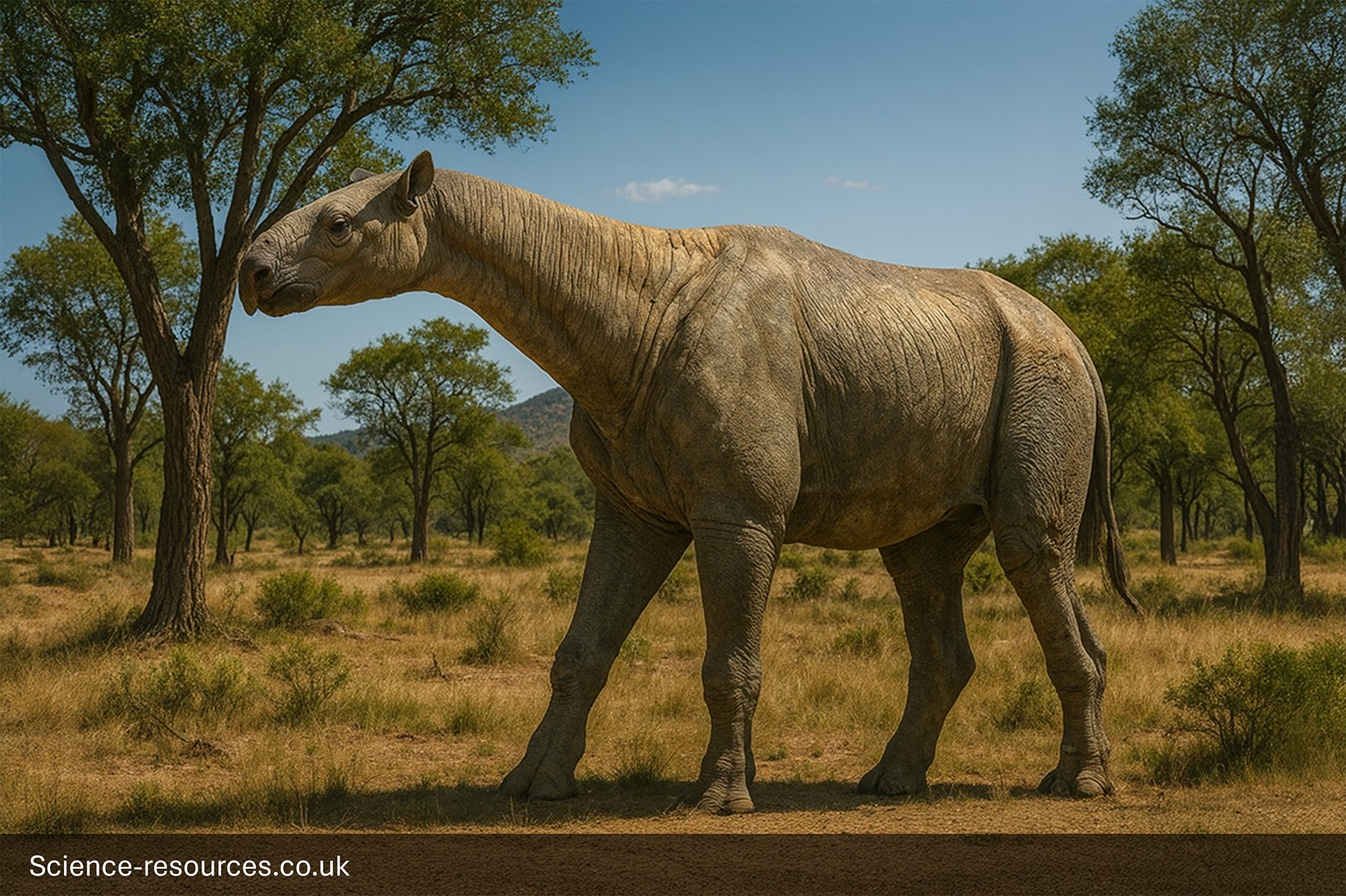 Paraceratherium-Indricothere-Giant-Land-Mammal A photorealistic computer-generated image of a massive Paraceratherium (also known as Indricothere), the largest known land mammal, standing in a sunny, prehistoric savanna. The rhino-like animal is pale tan or gray, with a long neck and pillar-like legs, and is shown in profile. The background is a grassy plain with scattered Acacia-like trees and brush, leading to low hills in the distance under a bright blue sky.