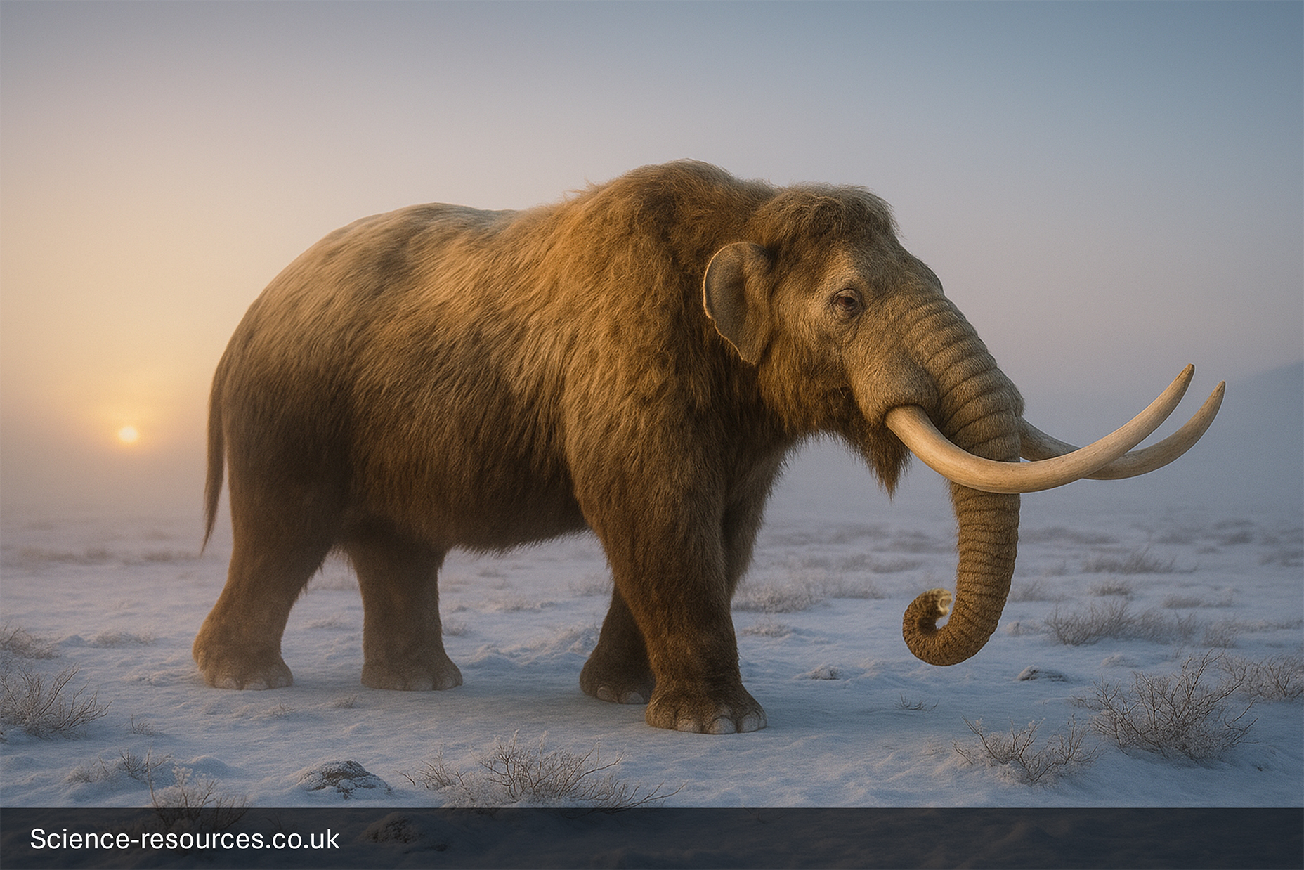 Woolly-Mammoth-Ice-Age-Tundra-Sunset A stunning, photorealistic computer-generated image of a Woolly Mammoth (Mammuthus primigenius), a massive Ice Age elephant, standing on a snowy, desolate tundra plain at sunrise or sunset. The animal is covered in thick, long, reddish-brown fur and has large, curving tusks. The background is hazy and foggy, with the low sun glowing softly near the horizon.