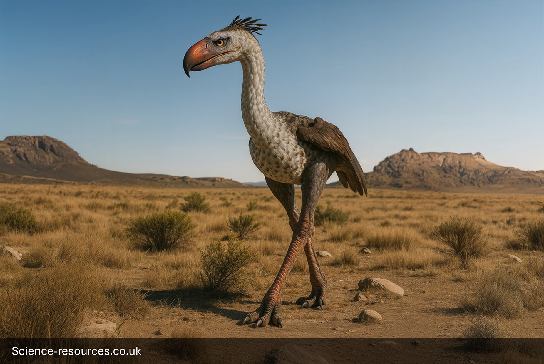 Phorusrhacos-Terror-Bird-Kelenken-Prehistoric-Savanna A photorealistic computer-generated image of a massive, extinct, flightless 'terror bird,' Phorusrhacos, standing in a dry, open savanna or grassland. The bird has a long neck covered in white and speckled feathers, a hooked orange beak, small feathered wings, and powerful, long legs. The background features arid, brown terrain with scattered brush and rugged, flat-topped mesa-like hills under a bright blue sky.