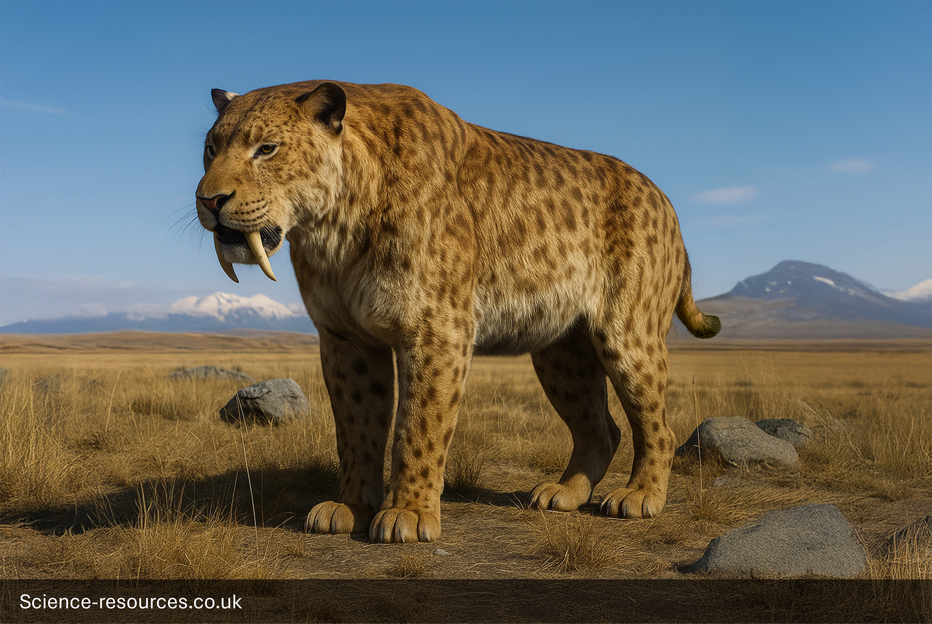 Smilodon-Saber-Toothed-Cat-Ice-Age-Hunter A photorealistic computer-generated image of a Smilodon (Saber-toothed Cat) walking across a vast, grassy plain under a clear blue sky. The powerful prehistoric cat has light brown fur covered in dark spots, a stocky build, and its distinctive long, protruding canine teeth are clearly visible. The background features rolling tundra or savanna with scattered rocks, and a large, snow-capped volcano or mountain peak in the distance.